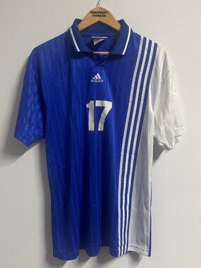 Vintage Adidas Soccer Jersey Futbol Blue White Stripes Medium Collar